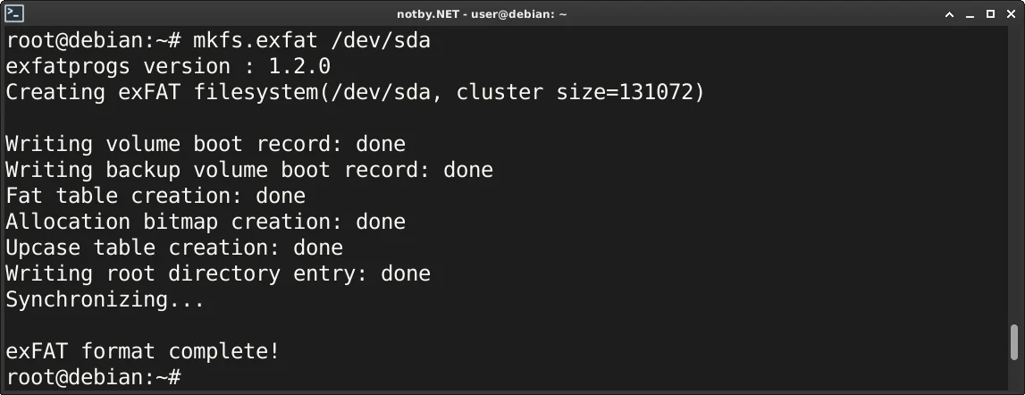 Файловая система exFAT успешно создана консольной командой “mkfs.exfat /dev/sda” в Debian