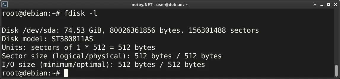 Вывод команды “fdisk -l” в консоли Debian, жесткий диск ST380811AS объемом 80 ГБ подключен по пути /dev/sda, файловая система на диске отсутствует