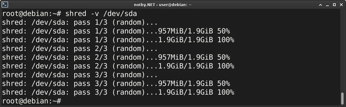Накопитель объемом 2 ГБ перезаписан случайными данными в три прохода при помощи утилиты shred командой “shred -v /dev/sda” в консоли Debian