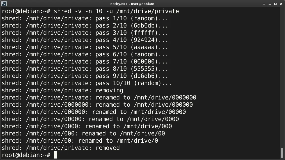Содержимое файла /mnt/drive/private уничтожено командой “shred -v -n 10 -u /mnt/drive/private” в консоли Debian, вначале файл перезаписан случайными данными в десять проходов и затем удален через ступенчатое переименовывание.