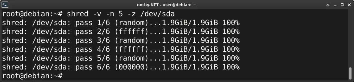 Накопитель объемом 2 ГБ перезаписан случайными данными в шесть проходов при помощи утилиты shred командой “shred -v -n 5 -z /dev/sda” в консоли Debian