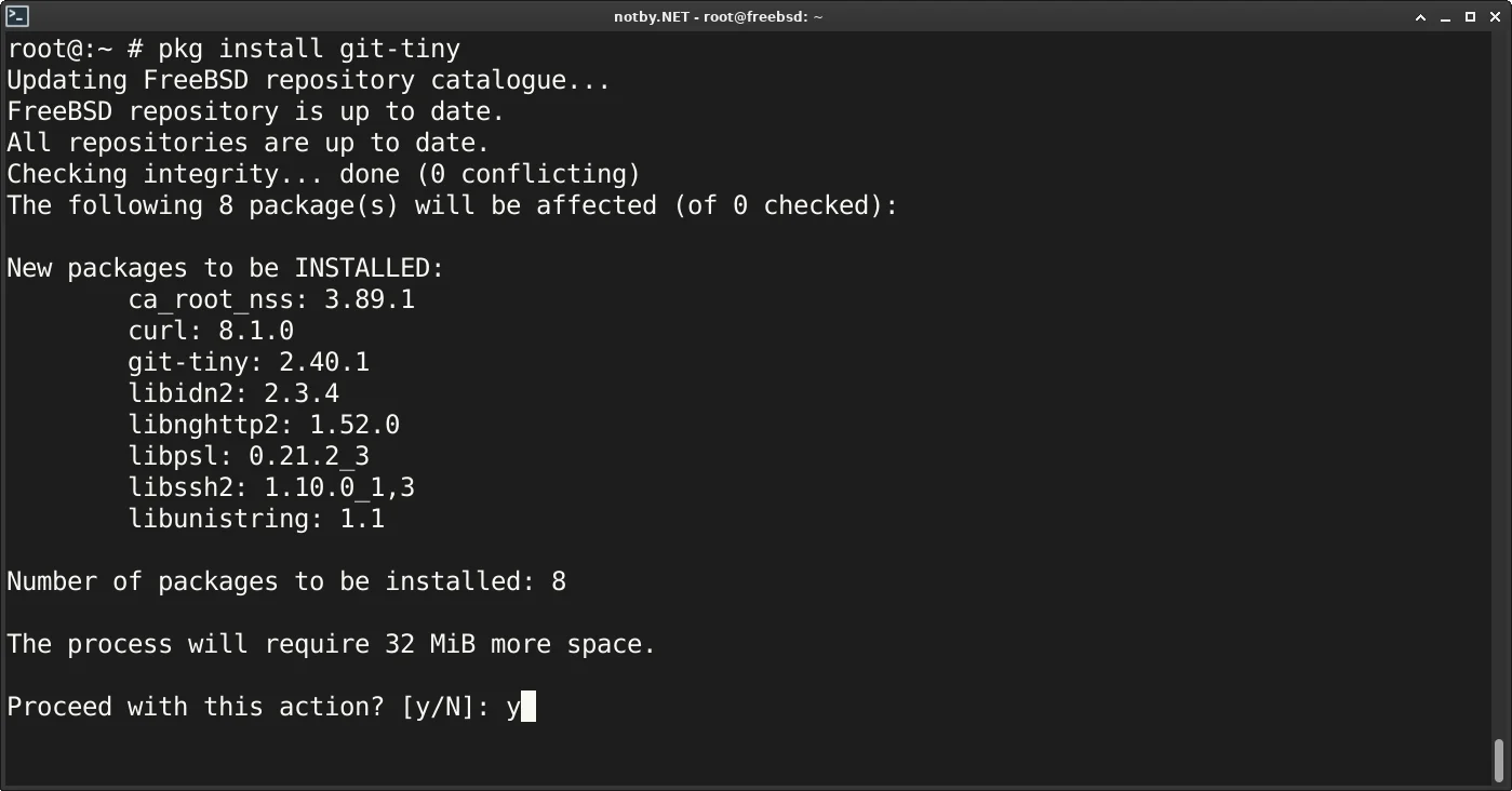 FreeBSD, установка git-tiny через pkg. Показан список необходимых зависимостей