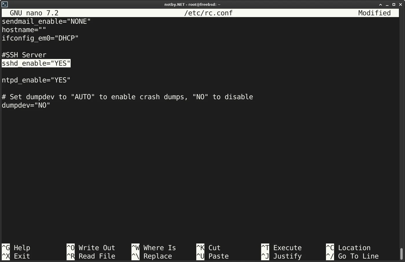 Добавление автозагрузки SSH сервера (sshd_enable="YES) в файл /etc/rc.conf (FreeBSD)