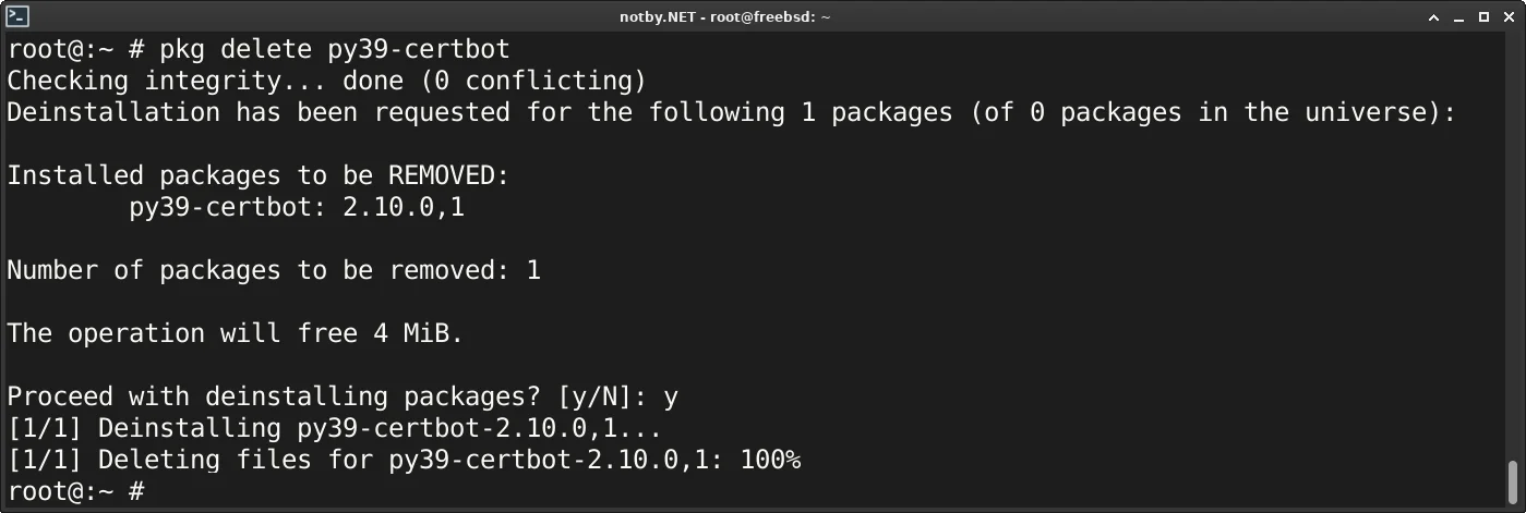 Утилита Certbot успешно удалена из FreeBSD командой “pkg delete py39-certbot”, Certbot 2.10 успешно удален