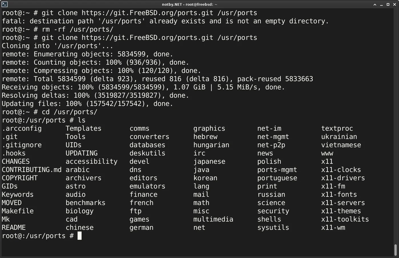 Клонирование репозитория портов FreeBSD через git. Успешное клонирование, содержимое каталога /usr/ports/