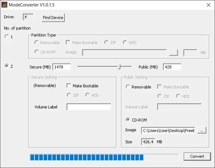 Windows 10, программа ModeConverter v1.0.1.5, процесс создания двух разделов USB-флешки, запись ISO-образа в раздел CD-ROM