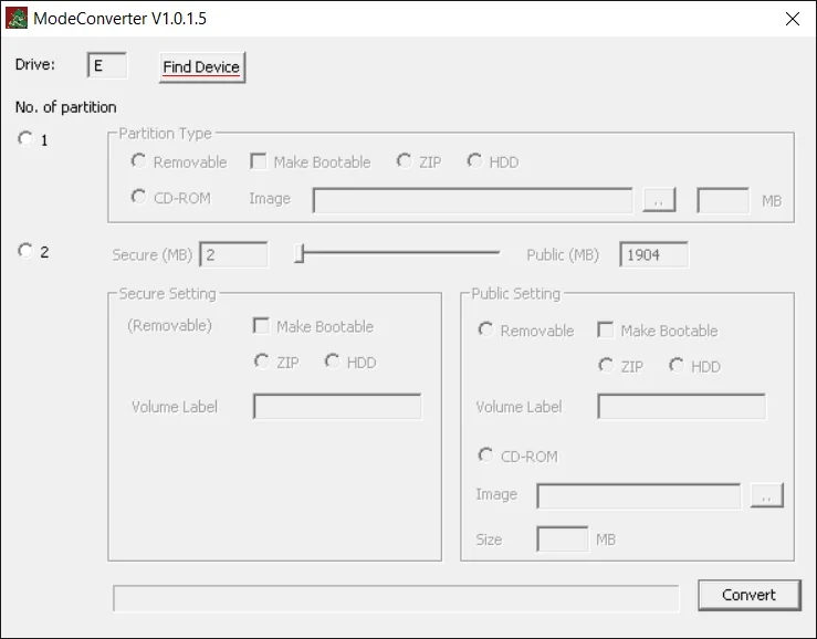 Windows 10, программа ModeConverter v1.0.1.5, нажата кнопка Find Device, найдена USB-флешка с буквой E