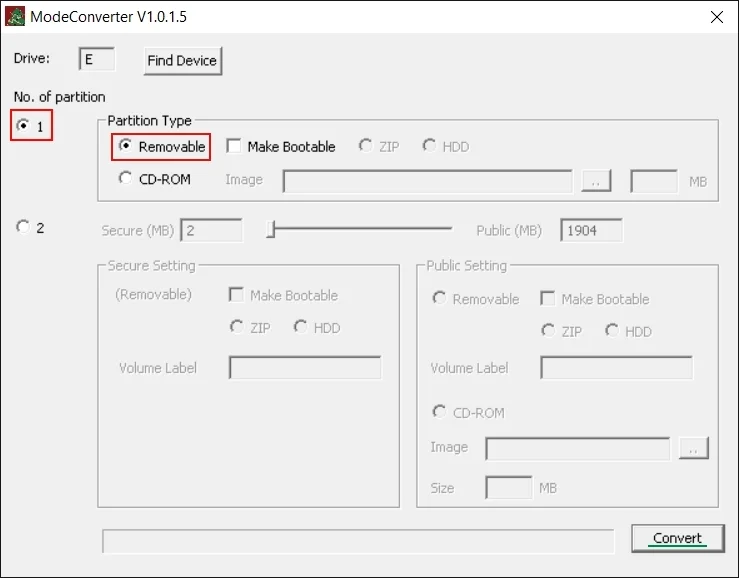 Windows 10, программа ModeConverter v1.0.1.5, выбрано создание одного раздела USB-флешки