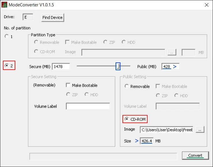 Windows 10, программа ModeConverter v1.0.1.5, выбрано создание двух разделов USB-флешки. Первый раздел обычная флешка на весь объем за вычетом ISO-образа, второй раздел CD-ROM (выбран ISO-образ объемом 426.4 Мб)