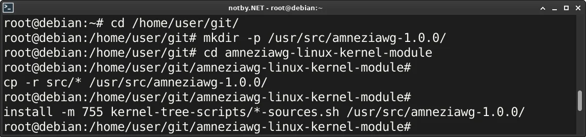 В консоли Debian последовательно выполнены команды: “cd /home/user/git/”, “mkdir -p /usr/src/amneziawg-1.0.0/”, “cd amneziawg-linux-kernel-module”, “cp -r src/* /usr/src/amneziawg-1.0.0/”, “install -m 755 kernel-tree-scripts/*-sources.sh /usr/src/amneziawg-1.0.0/”