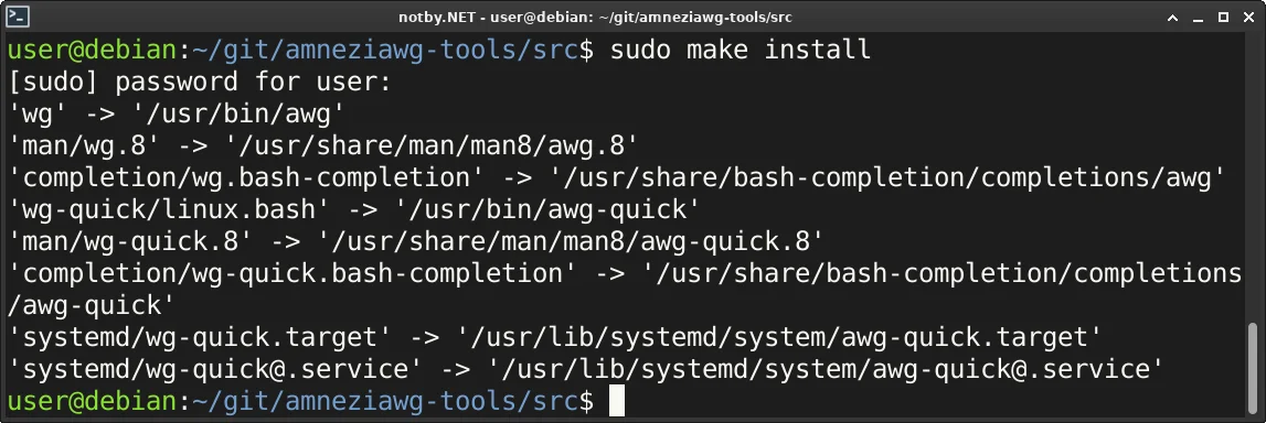 Утилиты awg и awg-quick успешно установлены при помощи команды “sudo make install” в терминале операционной системе Debian, выведен список установленных файлов и их пути