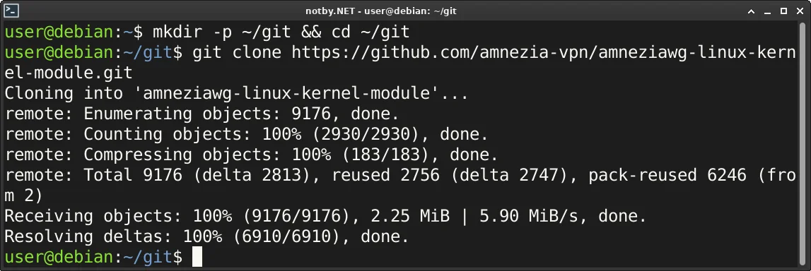Репозиторий amneziawg-linux-kernel-module скопирован с github командой “git clone https://github.com/amnezia-vpn/amneziawg-linux-kernel-module.git” в консоли Debian, выведены сообщения процесса клонирования репозитория