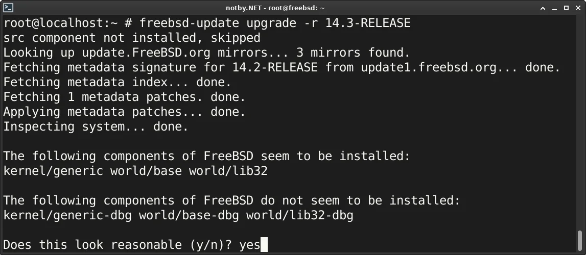 Обновление до версии FreeBSD 14.3 используя команду “freebsd-update upgrade -r 14.3-RELEASE”. На вопрос Does this look reasonable? Ответ yes