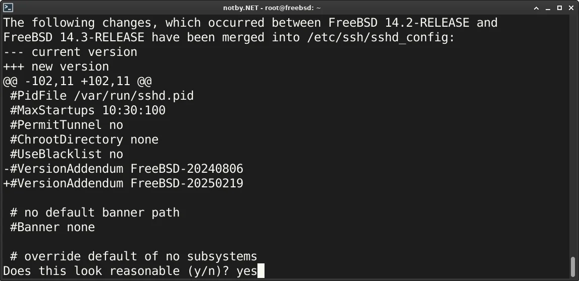 Обновление до версии FreeBSD 14.3. Показаны какие изменения будут в файле /etc/ssh/sshd_config и задается вопрос “разумны такие изменения?“, ответ yes