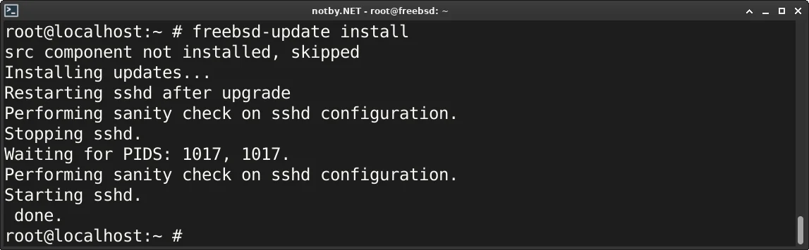 Выполнена команда “freebsd-update install“, обновление до версии FreeBSD 14.3 успешно завершено