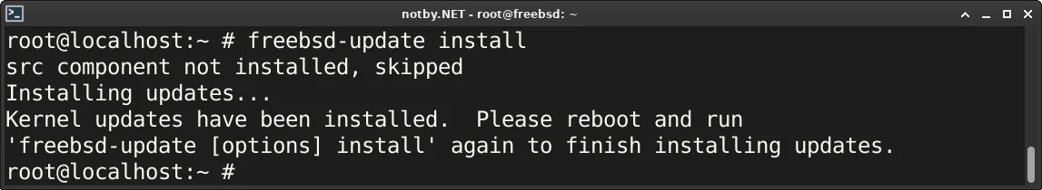 Обновление до версии FreeBSD 14.3. Написана команда “freebsd-update install“. Выведено сообщение “Please reboot and run 'freebsd-update [options] install' again to finish installing updates.“.