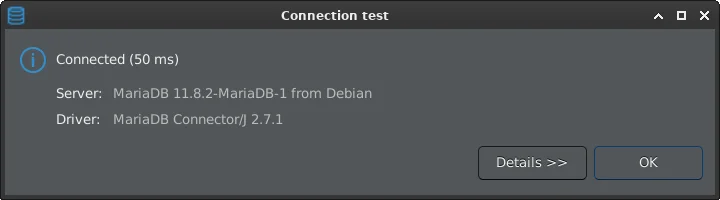 DBeaver - Окно Connection test. Успешное подключение к удаленному серверу MariaDB 11.8.2