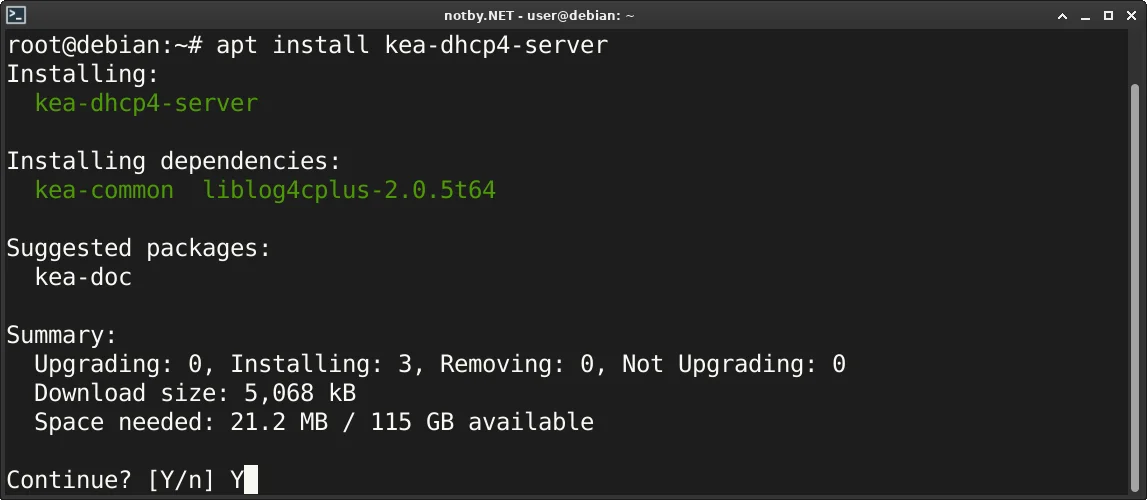 Установка Kea IPv4 DHCP-сервера через консольную команду “apt install kea-dhcp4-server” в операционной системе Debian