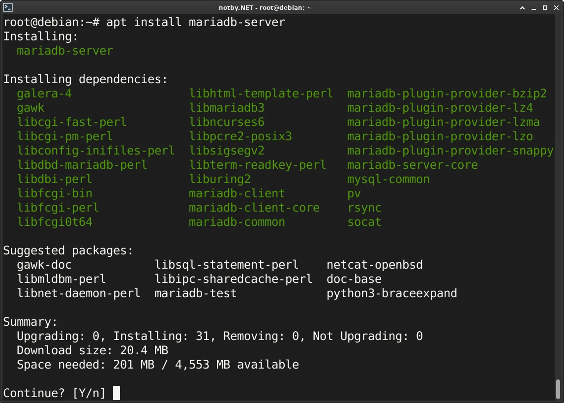 Установка MariaDB сервер в операционную систему Debian через консольную команду: apt install mariadb-server