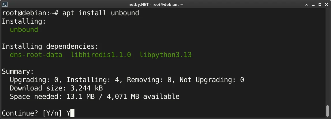 Установка Unbound DNS-сервер в операционную систему Debian через консольную команду: apt install unbound