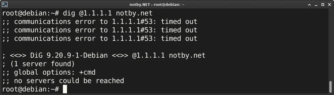 В терминале Debian выполнена команда “dig @1.1.1.1 notby.net”. Получение DNS запись для домена notby.net через сервер DNS-сервер 1.1.1.1 закончилось ошибкой: no servers could be reached