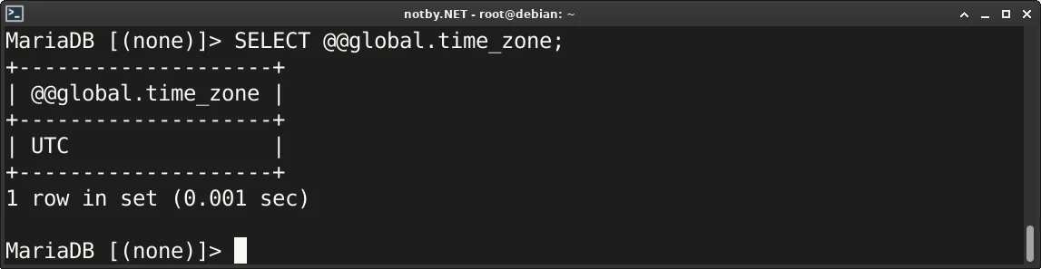 В консоли MariaDB клиента выполнена команда “SELECT @@global.time_zone;”, которая показала что глобальная временная зона сервера является UTC