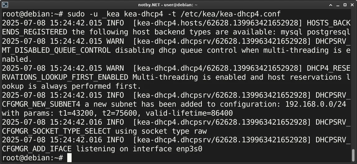 Проверена корректность конфигурации файла kea-dhcp4.conf при помощи команды “sudo -u _kea kea-dhcp4 -t /etc/kea/kea-dhcp4.conf” в терминале Debian, ошибок в конфигурации Kea DHCP не найдено