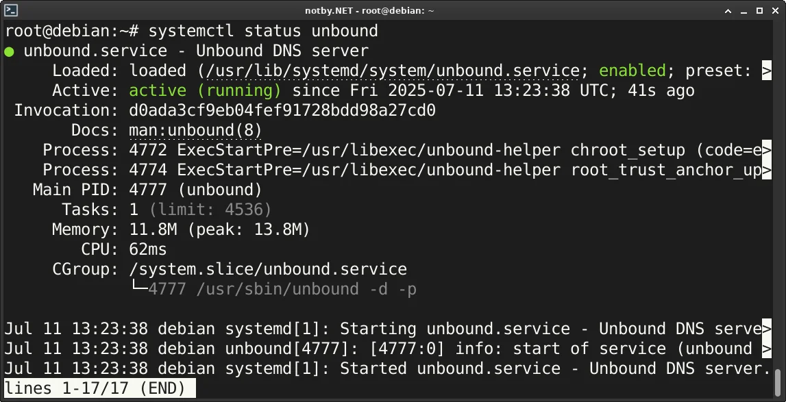 В терминале Debian выполнена команда “systemctl status unbound”. DNS-сервер Unbound успешно работает и находится в автозагрузке