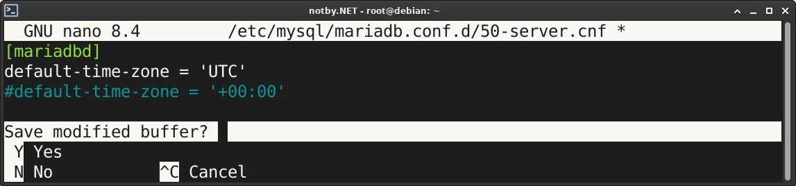 В текстовом редакторе nano открыт файл /etc/mysql/mariadb.conf.d/50-server.cnf и добавлен параметр “default-time-zone = 'UTC'” в секцию [mariadbd]