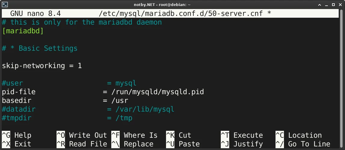 В текстовом редакторе nano открыт файл /etc/mysql/mariadb.conf.d/50-server.cnf и добавлен параметр “skip-networking = 1” в секцию [mariadbd]