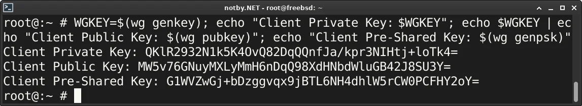 Выполнена консольная команда для генерации ключей WireGuard клиента в терминале FreeBSD, выведены ключи Server Private Key, Server Public Key и Client Pre-Shared Key