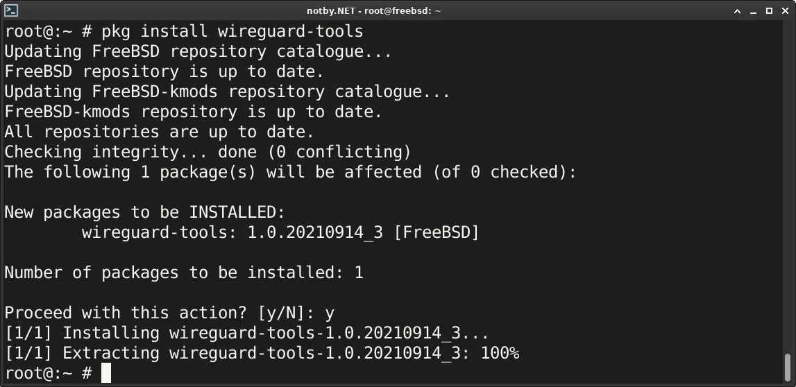 Установка wireguard-tools версии 1.0.20210914_3 через пакеты FreeBSD при помощи команды pkg install wireguard-tools