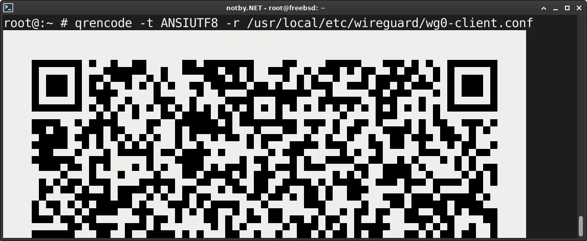 Сгенерирован QR-код конфигурации WireGuard при помощи команды “qrencode -t ANSIUTF8 -r /usr/local/etc/wireguard/wg0-client.conf” в консольном терминале FreeBSD