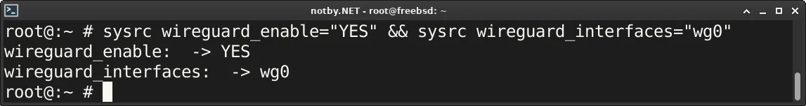 VPN сервера WireGuard добавлен составной командой sysrc wireguard_enable="YES" && sysrc wireguard_interfaces="wg0" в автозагрузку FreeBSD