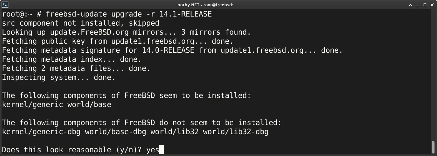 Обновление до версии FreeBSD 14.1 используя команду “freebsd-update upgrade -r 14.1-RELEASE”. На вопрос Does this look reasonable? Ответ yes