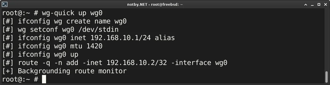 VPN сервера WireGuard запущен командой “wg-quick up wg0” в операционной системе FreeBSD, выведены сообщения процесса запуска WireGuard