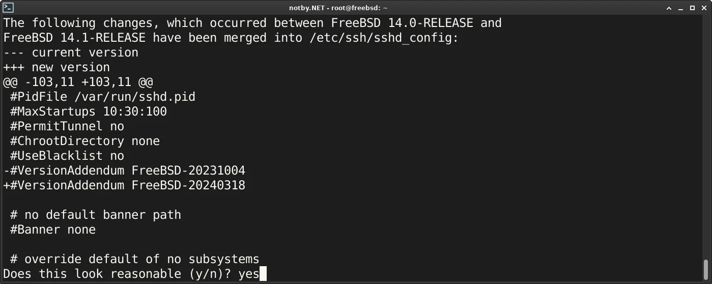 Обновление до версии FreeBSD 14.1. Показаны какие изменения будут в файле /etc/ssh/sshd_config и задается вопрос “разумны такие изменения?“, ответ yes
