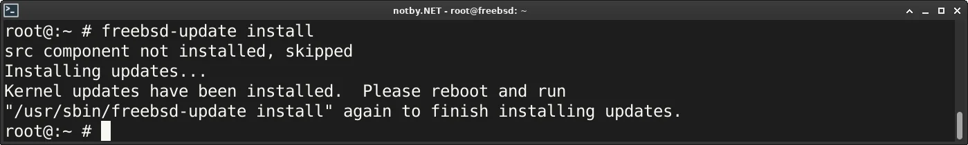 Обновление до версии FreeBSD 14.1. Написана команда “freebsd-update install“. Выведено сообщение “Please reboot and run "/usr/sbin/freebsd-update install" again to finish installing updates.“.