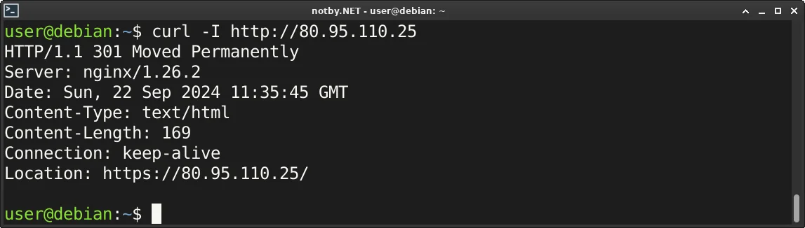 Через утилиты cURL в консоли Debian выведен ответа веб-сервера при доступе к нему через IP-адрес по протоколу HTTP, веб-сервер nginx оправил ответ HTTP/1.1 301 Moved Permanently