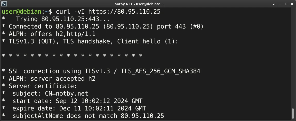 Через утилиты cURL в консоли Debian выведен ответа веб-сервера при доступе к нему через IP-адрес по протоколу HTTPS, веб-сервер nginx оправил ответ с информацией об сертификате, отображено доменное имя notby.net для сертификата.