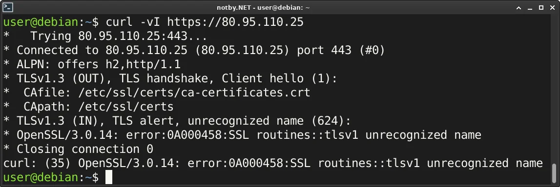 Через утилиты cURL в консоли Debian выведен ответа веб-сервера при доступе к нему через IP-адрес по протоколу HTTPS, веб-сервер сбросил рукопожатие и закрыл соединение.