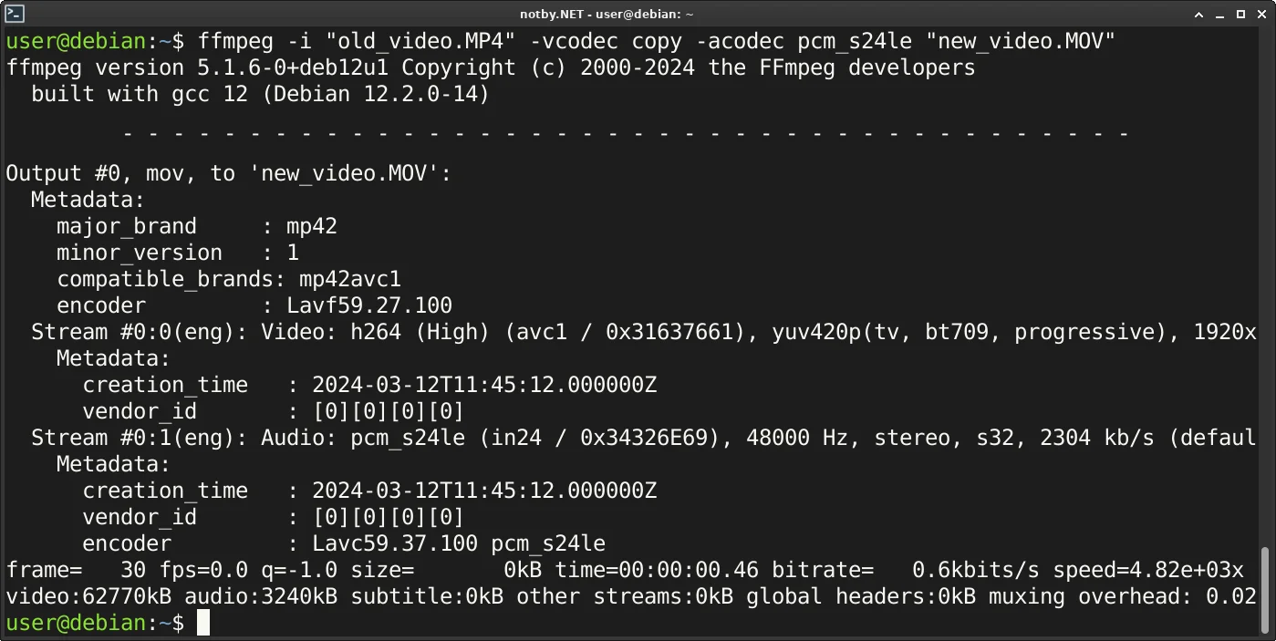 В консоли Debian выполнена команда конвертации ролика из MP4 в MOV при помощи ffmpeg. Видеокодек скопирован без изменений, аудиокодек изменен на PCM 24 бита.