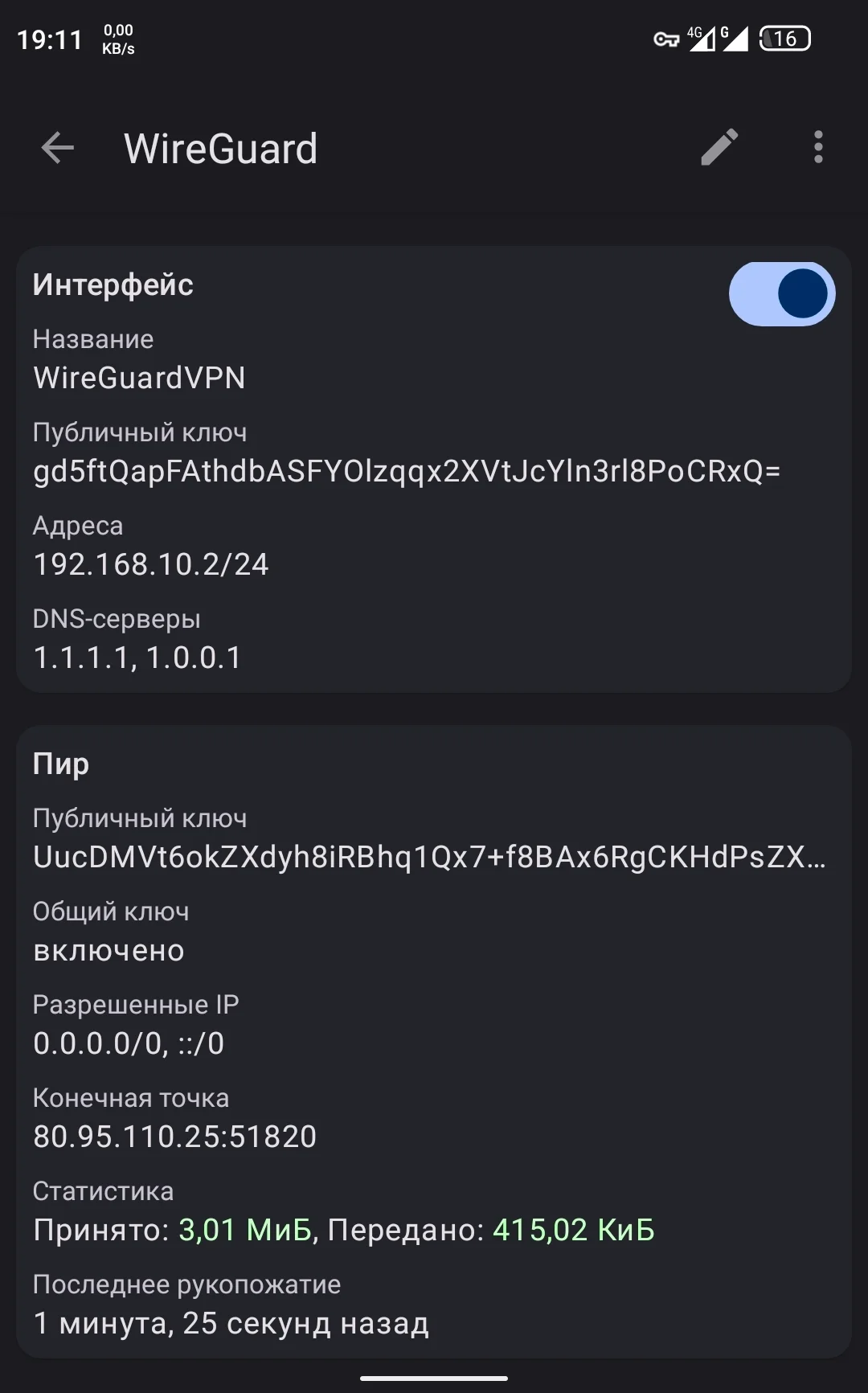 Приложение WireGuard запущено на Android телефоне, выведена статистика успешного VPN подключения, трафик принимается и передается