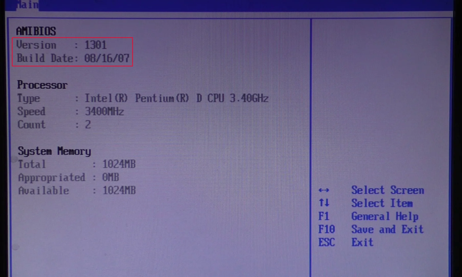 ASUS P5LD2-SE раздел BIOS с информацией о версии, процессоре и памяти. Версия BIOS 1301 от 08/16/07