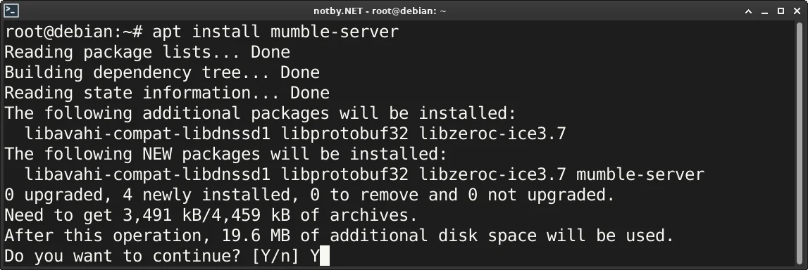 Установка Mumble сервера через консольную команду “apt install mumble-server” в операционной системе Debian