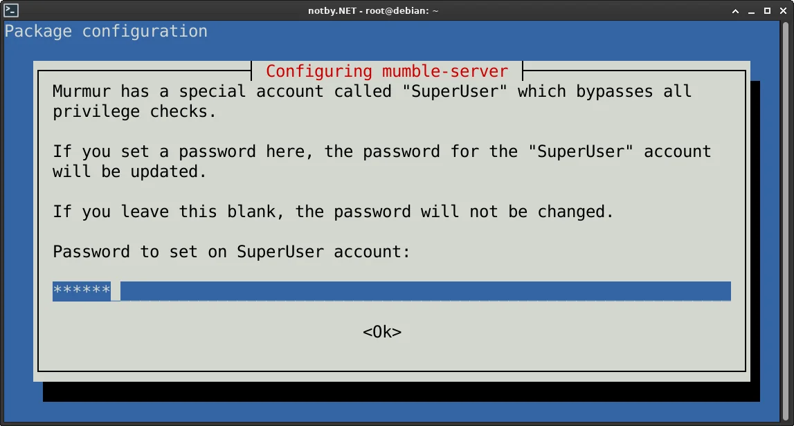 Конфигурация пакета Mumble сервера при помощи команду “dpkg-reconfigure mumble-server” в операционной системе Debian. Установка пароля для учетной записи SuperUser, введен пароль из 6 символов