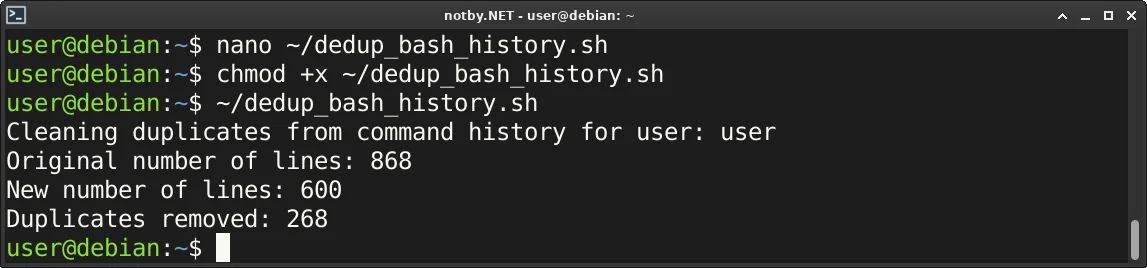 В терминале Debian выполнена команда “nano ~/dedup_bash_history.sh”, затем скрипт был сделан исполняемым командой “chmod +x ~/dedup_bash_history.sh” и запущен командой “~/dedup_bash_history.sh”. Выведена информация о работе скрипта, в которой сказано, что было удалено 268 дубликатов из истории Bash.