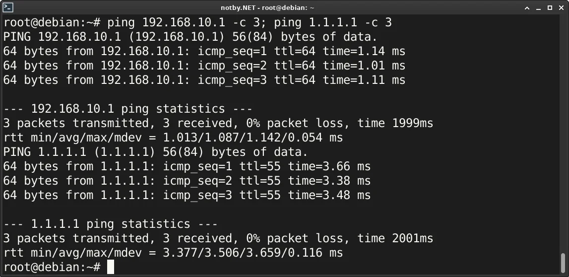 Выполнена команда “ping 192.168.10.1 -c 3; ping 1.1.1.1 -c 3” в консоли Debian, успешный пинг до 192.168.10.1 и 1.1.1.1 адресов, потерь нет