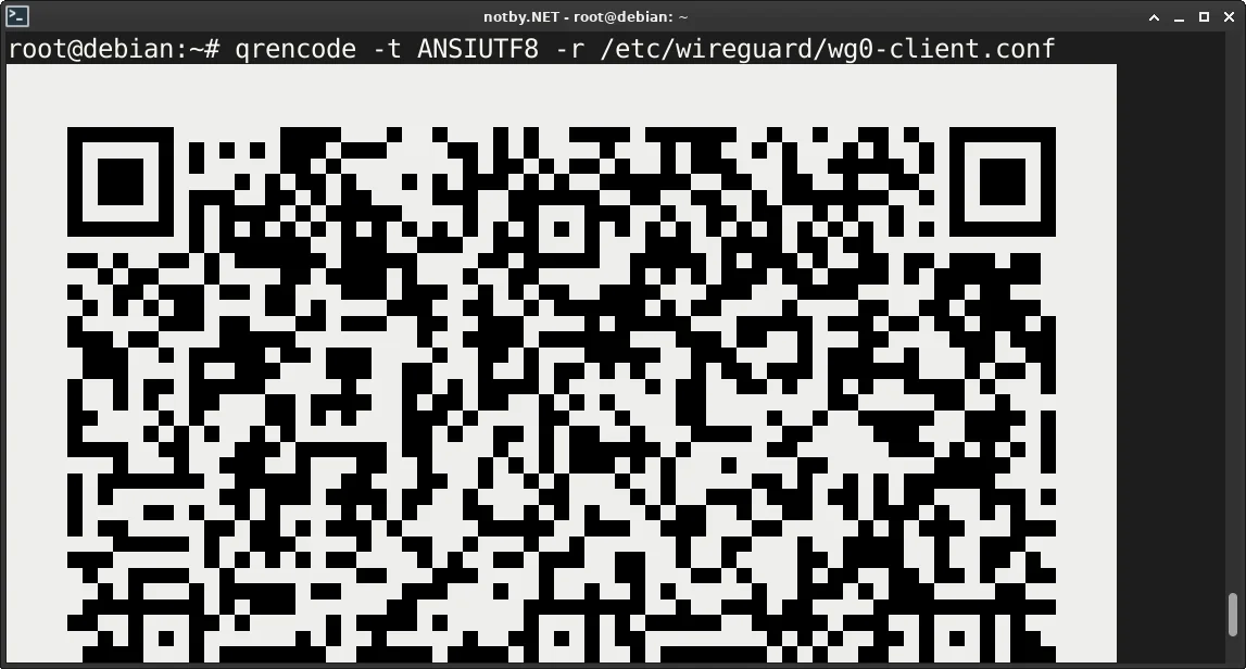 Сгенерирован QR-код конфигурации WireGuard при помощи команды “qrencode -t ANSIUTF8 -r /etc/wireguard/wg0-client.conf” в консоли Debian