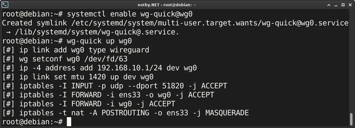 VPN сервера WireGuard добавлен в автозагрузку командой “systemctl enable wg-quick@wg0” и запущен командой “wg-quick up wg0” в операционной системе Debian, выведены сообщения процесса запуска WireGuard